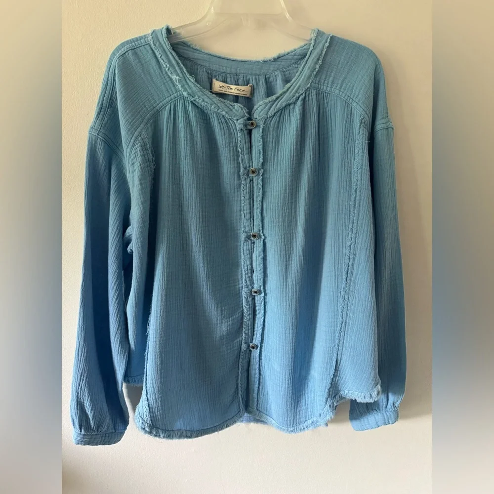 Free People Moving Mountains Gauze Button Down Blouse Blue Cotton Size S